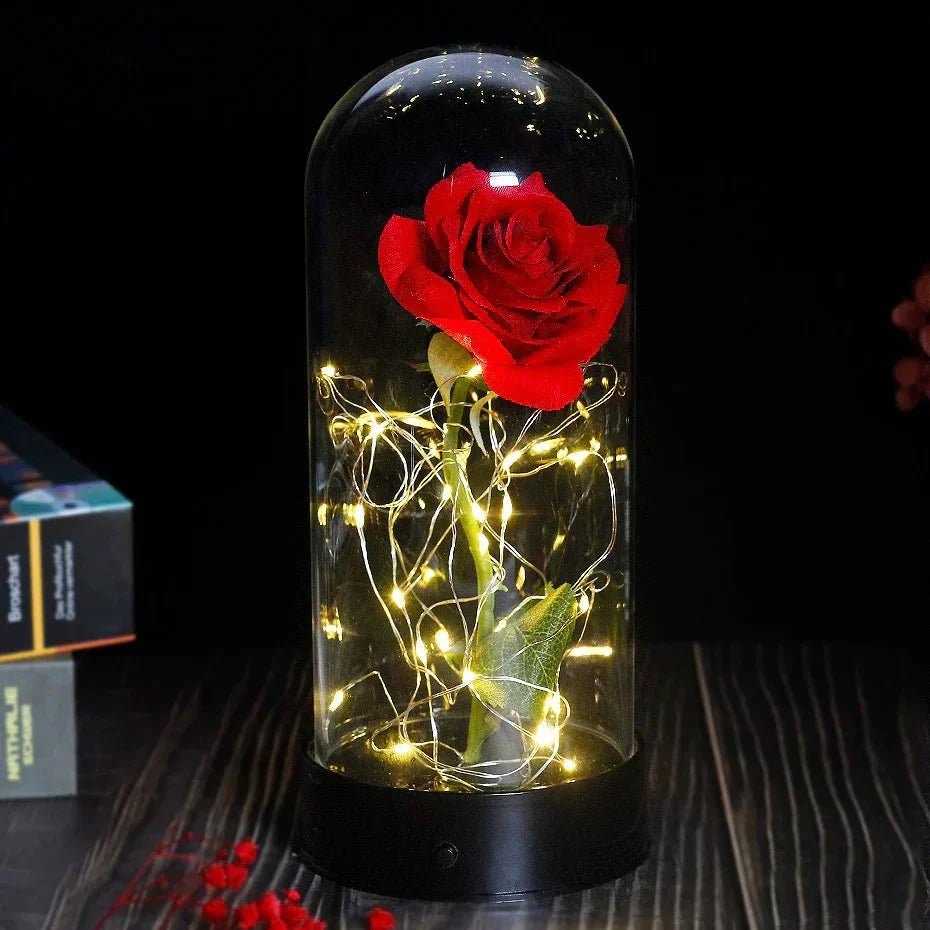 Glazen stolp met rode roos en warm ledlicht - Vessina