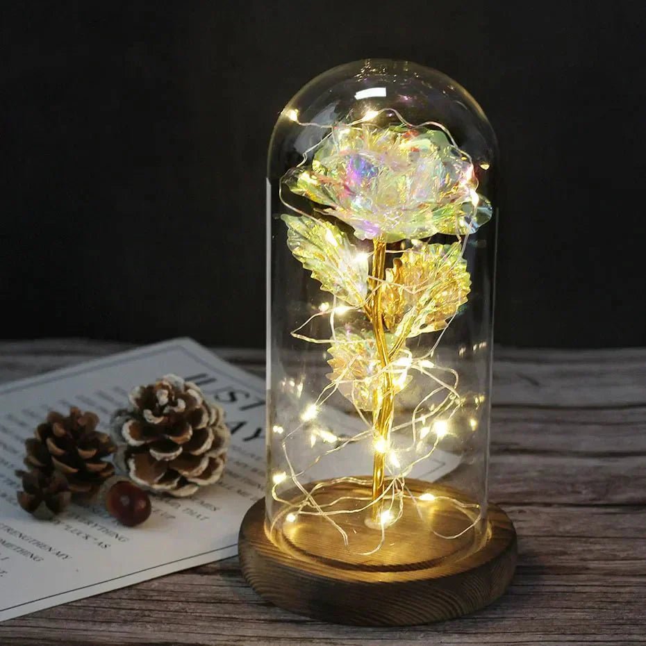 Glazen stolp met rode roos en warm ledlicht - Vessina