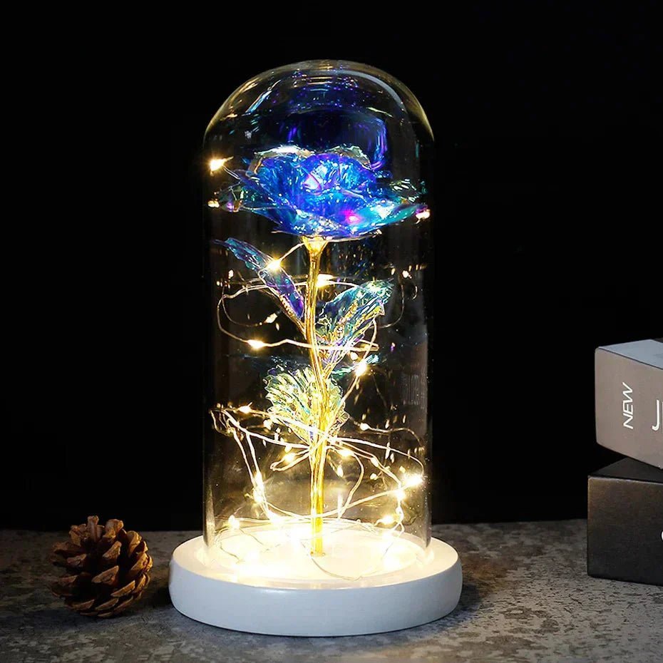 Glazen stolp met rode roos en warm ledlicht - Vessina