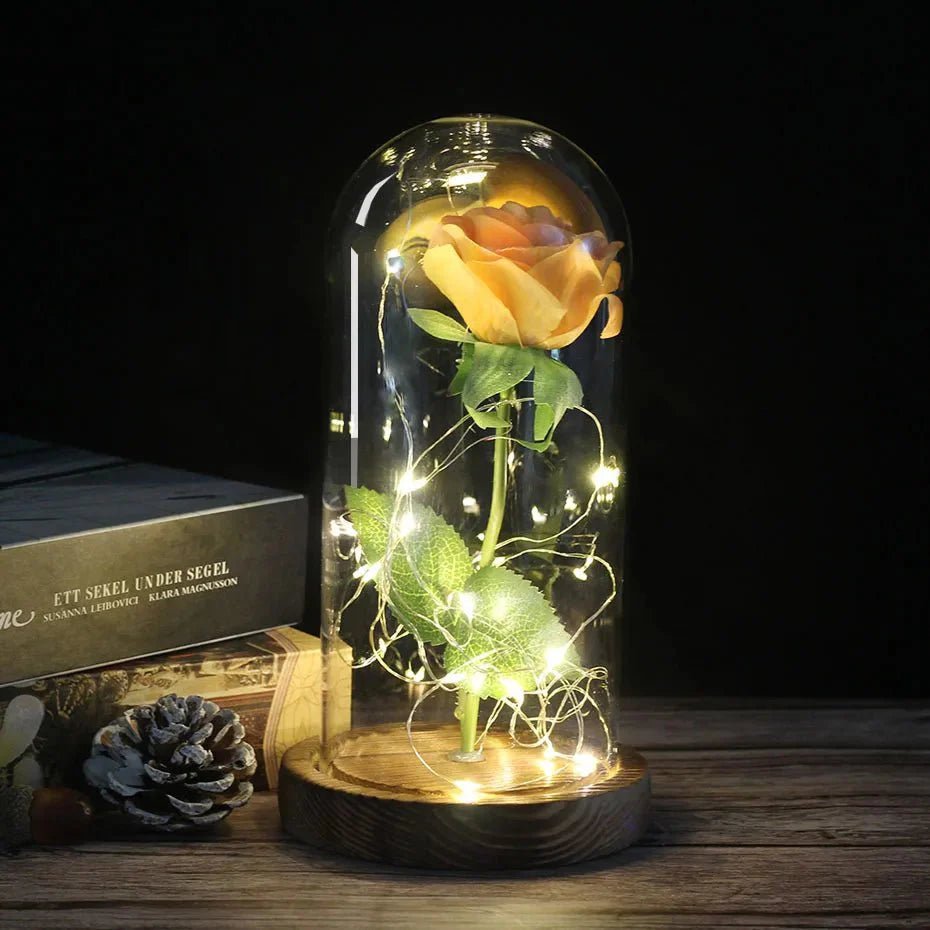 Glazen stolp met rode roos en warm ledlicht - Vessina