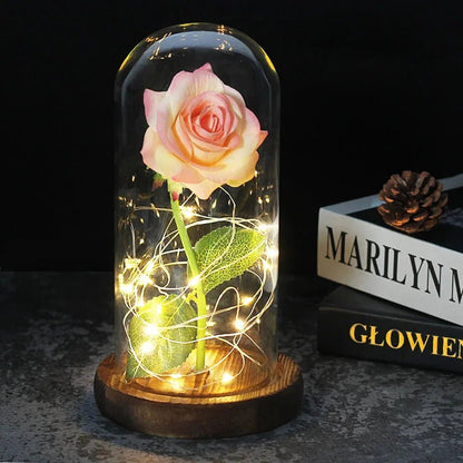 Glazen stolp met rode roos en warm ledlicht - Vessina