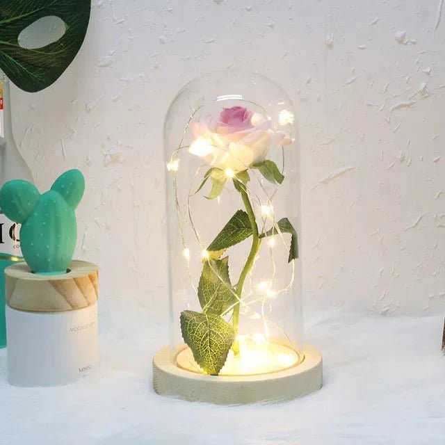 Glazen stolp met rode roos en warm ledlicht - Vessina