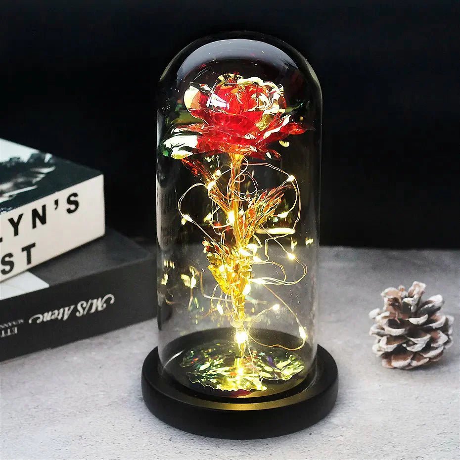 Glazen stolp met rode roos en warm ledlicht - Vessina