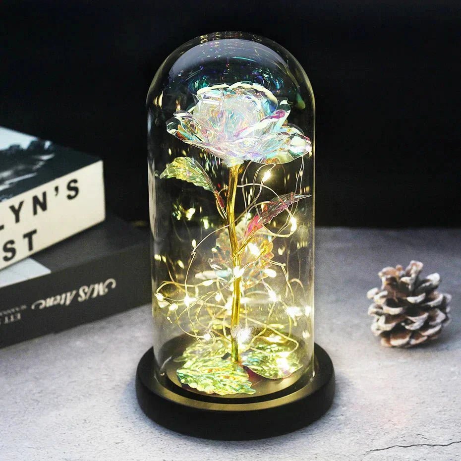Glazen stolp met rode roos en warm ledlicht - Vessina
