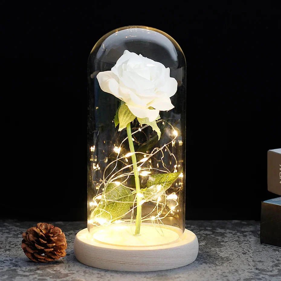 Glazen stolp met rode roos en warm ledlicht - Vessina