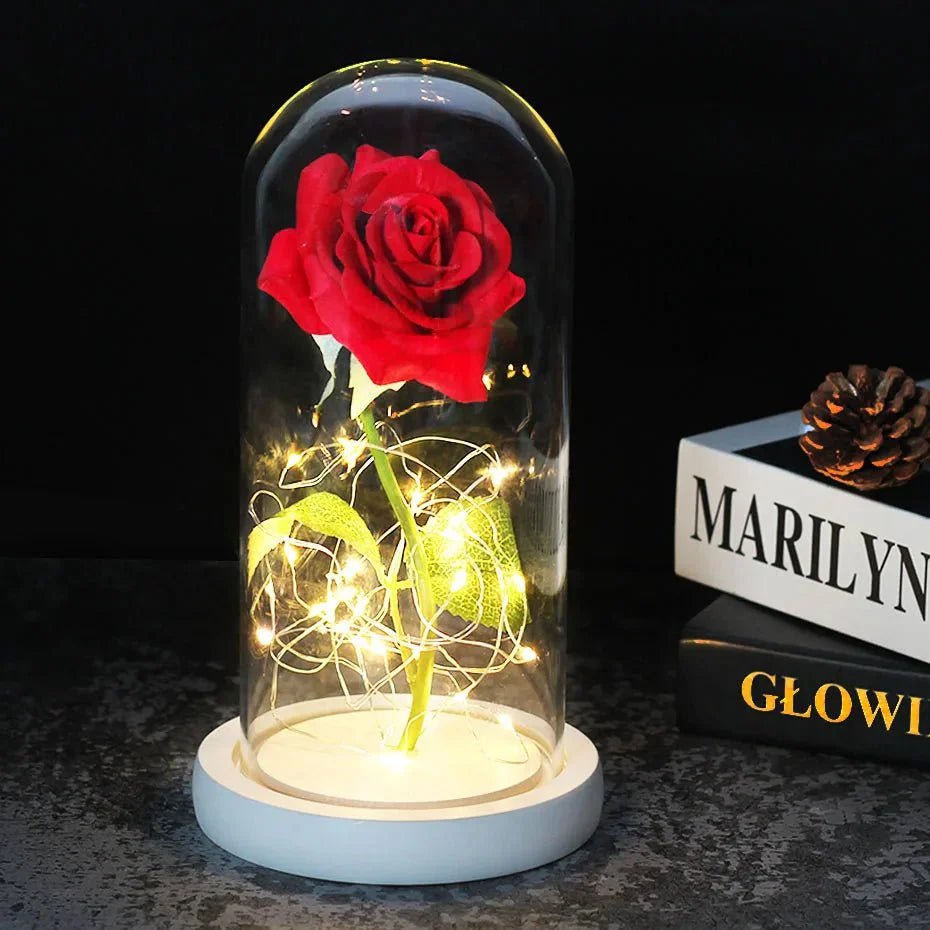 Glazen stolp met rode roos en warm ledlicht - Vessina