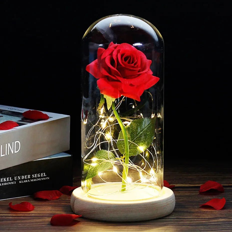 Glazen stolp met rode roos en warm ledlicht - Vessina