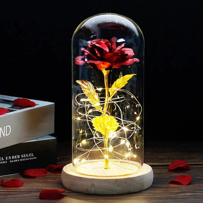 Glazen stolp met rode roos en warm ledlicht - Vessina