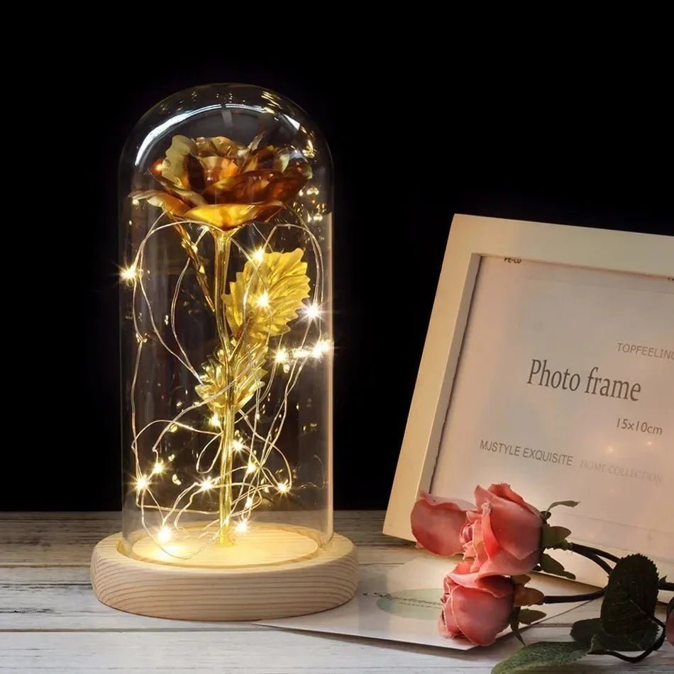 Glazen stolp met rode roos en warm ledlicht - Vessina