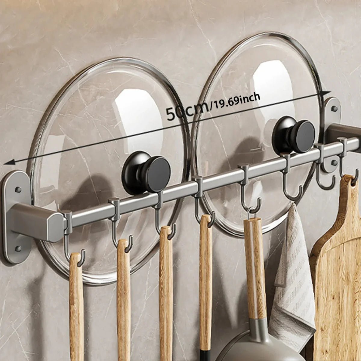 Keuken wandrek van staal met haken voor kookgerei - Vessina