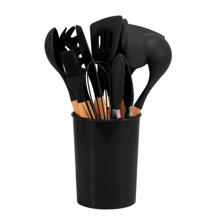 Keukenset 12 - delig, siliconen en bamboe met opbergpot - Vessina