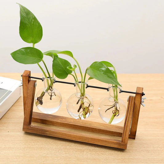 Plantenstekkerhouder van hout en glas, vintage stijl 28 cm - Vessina