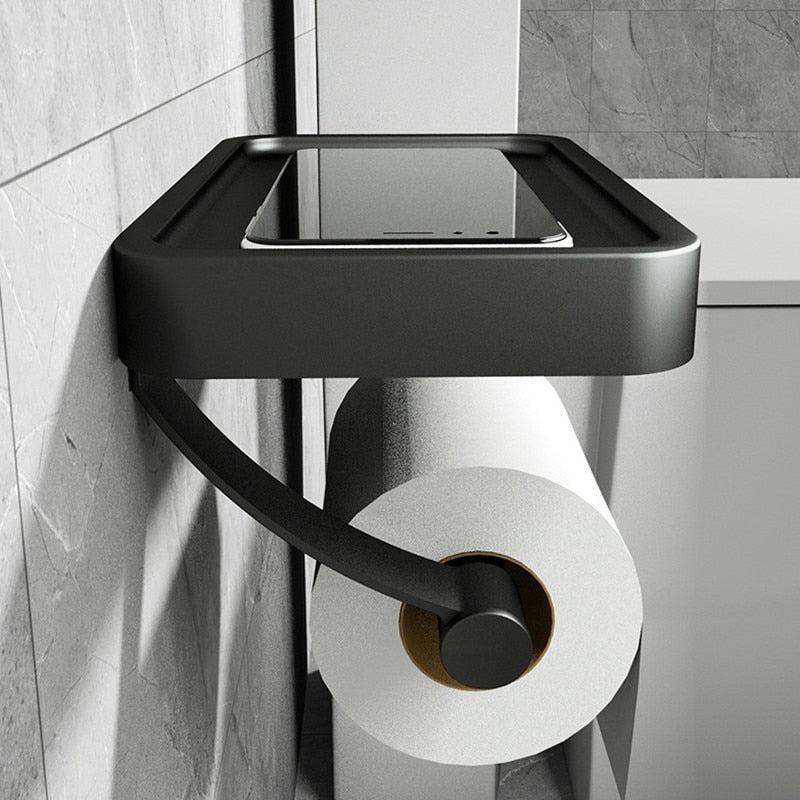 Toiletrolhouder van zwart staal, wandmodel met legvlak - Vessina