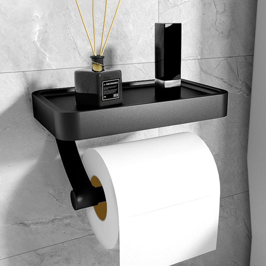 Toiletrolhouder van zwart staal, wandmodel met legvlak - Vessina